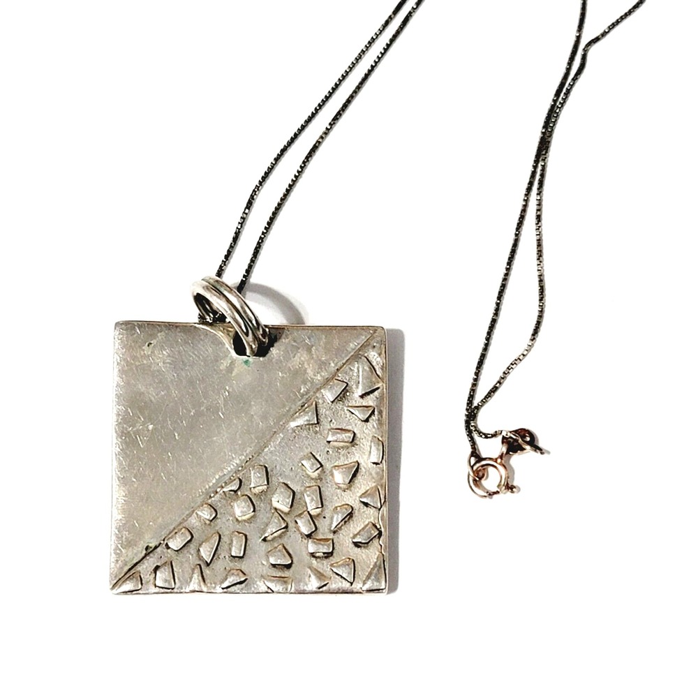 Vintage Silver Pendant Necklace Modernist Square Sterling 925 Textured Chain